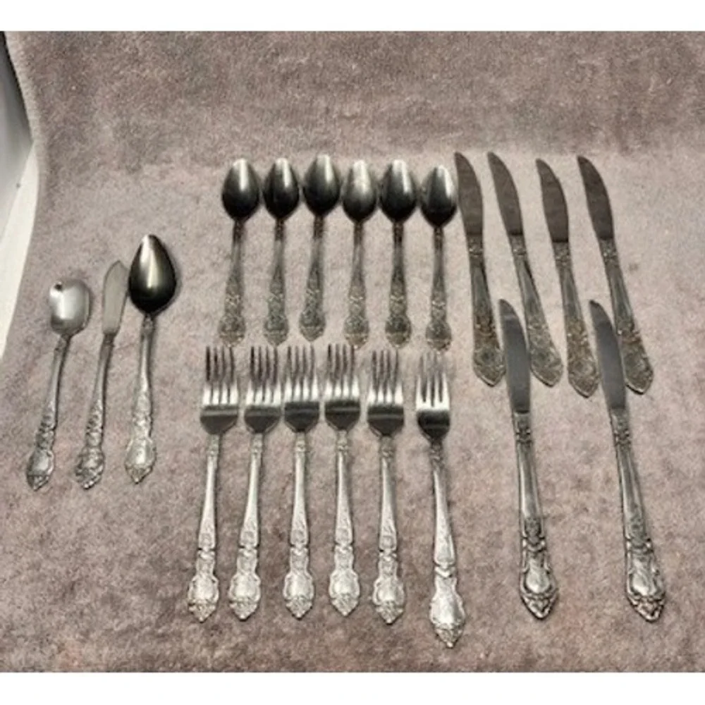 Vtg National Stainless Flatware Set 22pc Silverware Rose Floral Pattern Korea